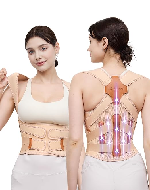 Posture Corrector for Women and Men, Full Back Support Brace, Adjustable Shoulder Straightener, Improving Posture, Relief Upper and Lower Back, Neck Pain, Beige, Small