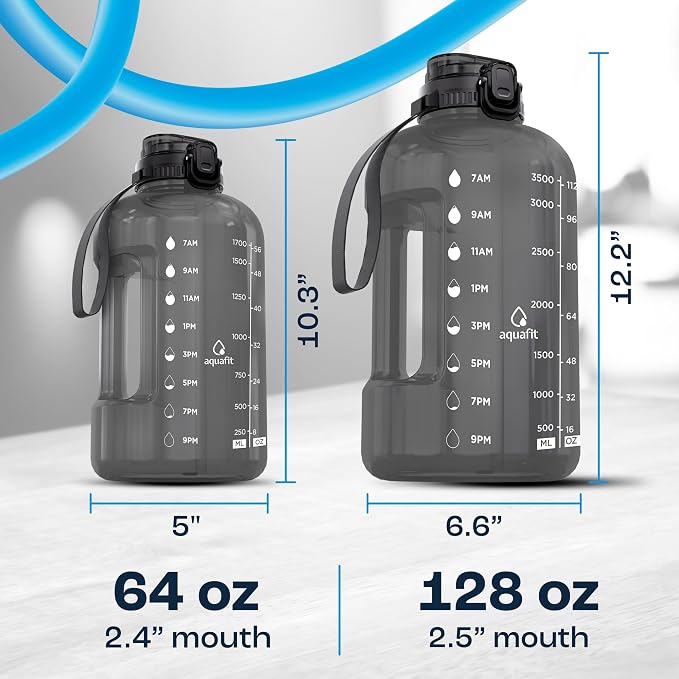 AQUAFIT Half Gallon Water Bottle with Time Marker, 2in1 Lid | BPA Free 64 oz Water Jug with 2in1 Straw and Chug Lid - Leakproof Gym Water Jug with Carry Handle (Aqua)