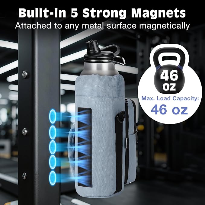 MoKo Magnetic Gym Bag, Magnetic Water Bottle Holder with Clear Phone Pouch | Built-in 5 Magnets Fitness Bag for Men and Women Compatible with Most Water Bottles, Gym Accessories Gifts, Blue