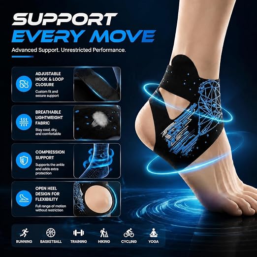 Generic Ankle Brace Support with Blue Geometric Design - Adjustable Compression Sleeve for Sprain Recovery and Tendonitis Relief - Breathable Stabilizer for Basketball Sports - Men and Women (Future Space-Time)