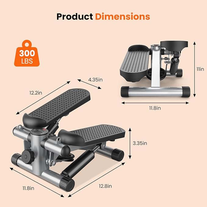 Sweetcrispy Mini Stair Stepper with Resistance Bands, Hydraulic Home Stepper Machine, 300 LBS Weight Capacity, Compact Cardio Equipment with LCD Monitor, No Assembly Required