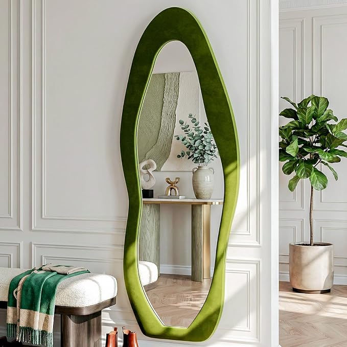 Full Length Mirror, 71"x30" Flannel Floor Mirrors with Stand | Irregular Wavy Mirror, Full Body Tempered Glass Mirror Hanging or Leaning Wall for Bedroom Living Room, Green
