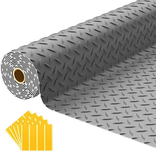 7.5x20 FT Garage Floor Mat, 2.8mm Thickened Diamond Plate | PVC Flooring Roll for Under Car/Garage/Warehouse/Basement/Gyms/Trailer, 150 SQFT Garage Mat, Tapes Included, Gray