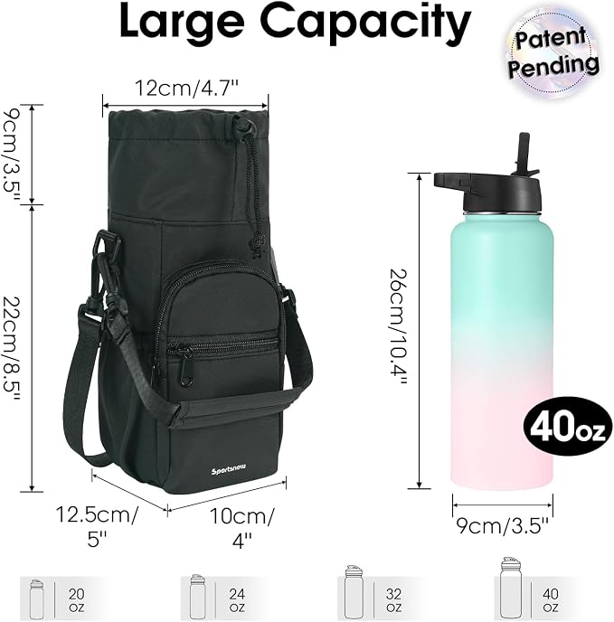 sportsnew 40oz Insulated Crossbody Water Bottle Bag Gym Hiking Phone Pocket | Water-resistant Lining, Padded Strap, Top Handle, Drawstring, Phone Pocket, Elastic Slots, Built-In Key Clip for Gym Walking