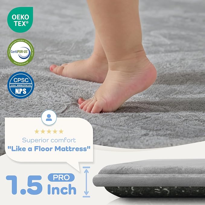 1.5" Thick Baby Play Mat for Floor, 79x79 Soft Foam Mats, Dark Grey | Memory Mat for Baby to Play on Floor Waterproof Easy Care with Non-Slip Tummy Time Play Mat for Nursery Playroom Classroom
