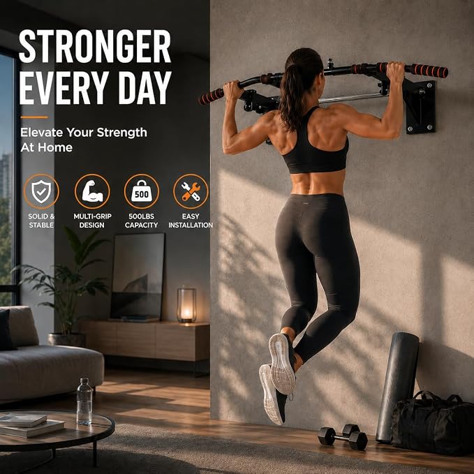 Wall Mounted Pull Up Bar, 500 LBS Heavy Duty Chin Up Bar for Home Gym | 500 LB Steel Frame Zero Wobble Triangle Multi-Grip Foam Handles Suspension Anchor Ready Garage Basement Install
