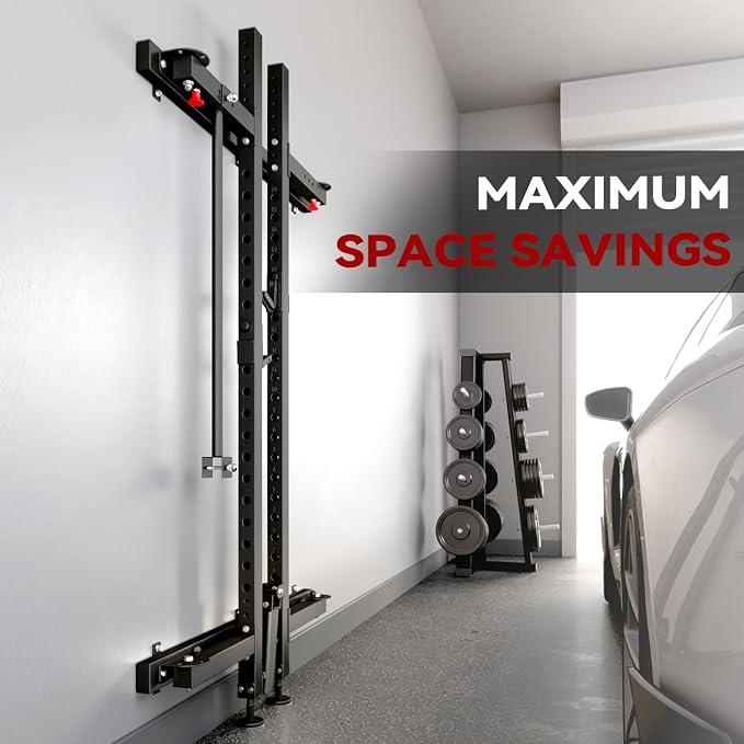 Mdeam Folding Squat Rack,2.36"x2.36" Wall Mounted Power Rack for Home Gym | Foldable Space-Saving,Heavy-Duty 1000LBS Capacity,with Pull-Up Bar, J-hooks,Landmine,Multi-Functional for Full-Body Training
