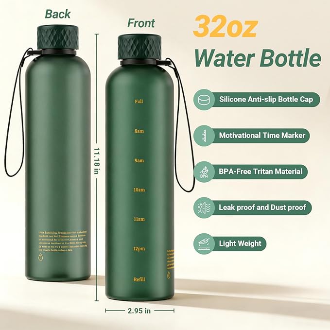 Sursip Slim Water Bottle 32 oz, Leakproof with Time Marker and Strap | Lightweight, BPA-free reusable plastic bottle fits cup holders and is dishwasher safe for gym, school, sports and travel.