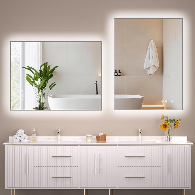 Hasipu 32''x 24'' Bathroom Mirror with Lights, Anti-Fog, Dimmable, Home Gym Mirror Bathroom Mirrors for Over Sink Wall, Memory Function, Tempered Glass, Shatter-Proof, Wall Mounted