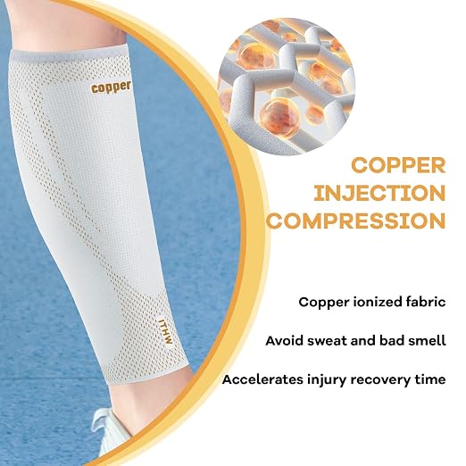 Copper Calf Compression Sleeves for Men Women, Shin Splint Relief, Grip | High Stretch Graduated Compression with Anti-Slip Grip | Breathable & Smooth Lining Footless Design for Runner, Light Gray