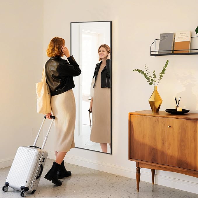 NEWBULIG Full Length Mirror, 59"x16" Full Body Standing Mirror, Black | Leaning or Standing, Tempered Glass, Aluminum Alloy Thin Frame Floor Stand for Bedroom, Cloakroom