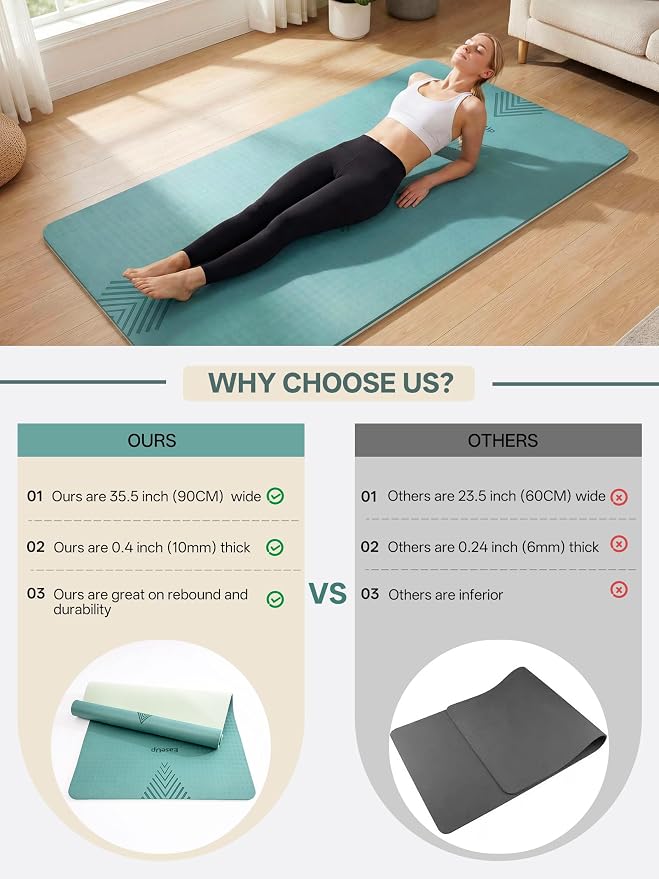EaseUp Large Yoga Mat 73x35.5x0.4",10mm Thick Non-Slip for Home Workout | Extra thick and wide,TPE material, joint cushioning, easy to clean, wear-resistant, for yoga & Pilates with strap ﻿