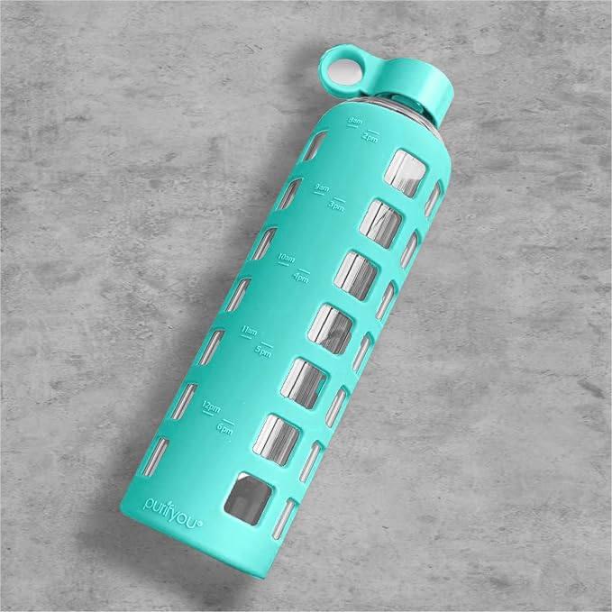 purifyou 40oz / 32oz / 22oz / 12oz Borosilicate Glass Water Bottle with Time & Volume Markers, Silicone Sleeve, Stainless Steel Lid | Reusable Glass Bottle for Water & Juice (32oz Glow-in-the-Dark)
