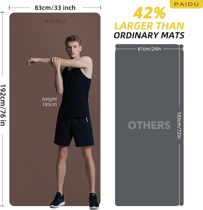 PAIDU Extra Long Wide Yoga Mat, （10mm） Thick Non-Slip Exercise Mat 76"x33" | large mat, ideal for yoga, Pilates & home gym, with non-slip grip & cushioning for all exercises.