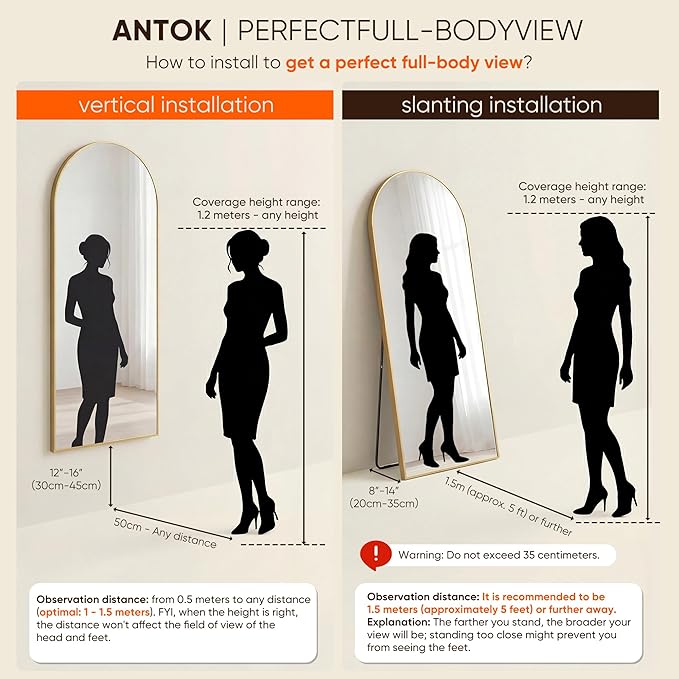 Antok 76" x34” Arched Full Length Floor Mirror, Gold Aluminum Frame, Free Standing/Wall Mount/Leaning for Bedroom, Living Room, Dressing Room