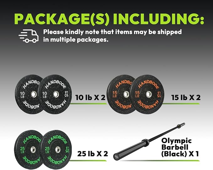 HANDBODE Olympic Barbell Set, 2-Inch Bumper Plates with Weight Plate Rack | Colored Crumb Rubber Weight Plates for Weight Lifting & Strength Training, 90–530 lb Set with 45 LB (20 kg) Olympic Barbell