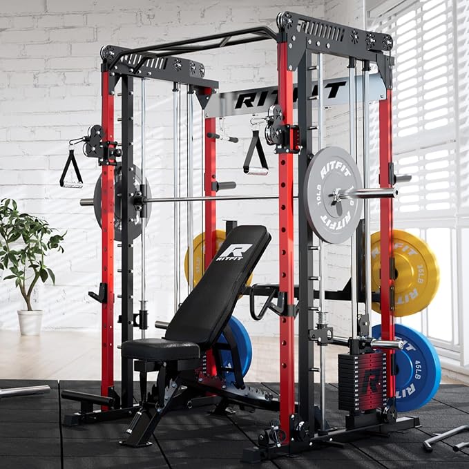 RitFit M1 Pro Smith Machine with Weight Stack Package Power Cage Home Gym | Dual Cables, Barbell & Handles, Cable Crossover, ALL-in-1 Home Gym, 1850LBS Capacity