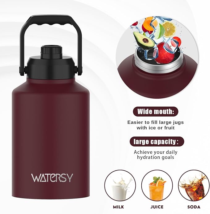 WATERSY Half Gallon Water Bottle Insulated(Cold for 48 Hrs),BPA Free&Leak Proof,64oz Stainless Steel Water Jug/Flask,Big thermo,Large Water Bottle with Handle for Gym,Hiking,Camping,Brick Red