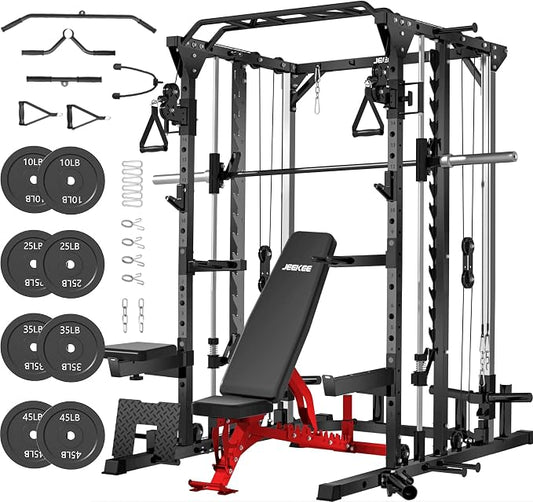 JEEKEE Power Cage with Cable Crossover System, 2000LB Multi-Function Power Rack with Independent Dual Pulleys, LAT Pulldown Seat Cushion, 20+ Attachments Squat Rack for Home Gym Workout,Black