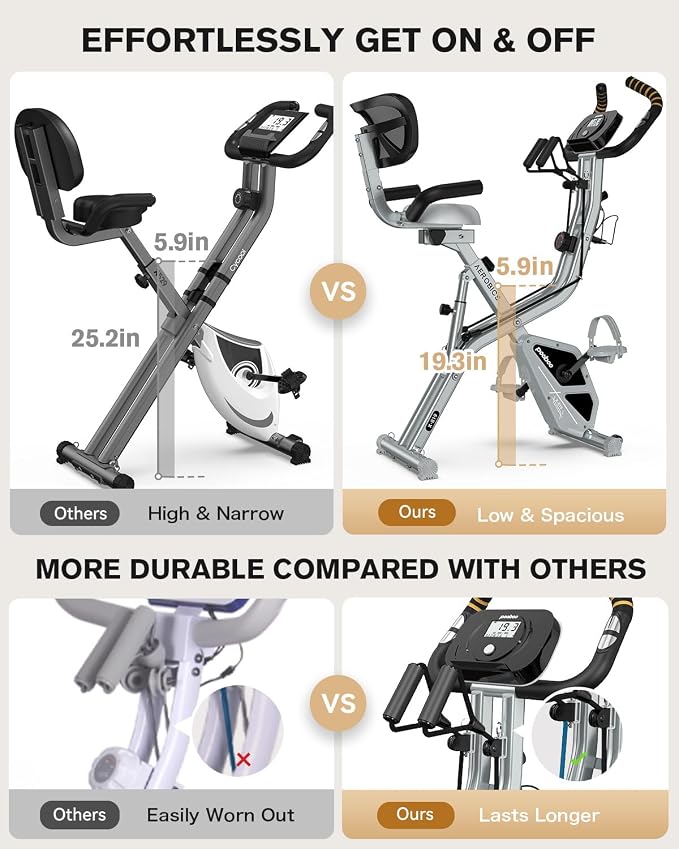 pooboo Folding Exercise Bike, Foldable Upright Stationary Bike, Indoor Cycling Magnetic X-Bike with 8-Level Adjustable Resistance, 6.6 LBS Flywheel, 300LB Capacity, Back Support Cushion for Home Gym