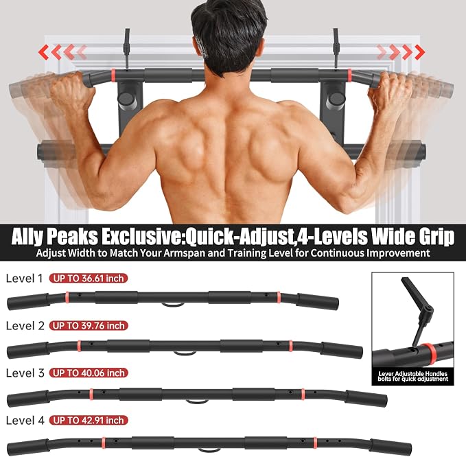 Ally Peaks Pull Up Bar for Doorway，Adjustable Handle Width Pullup Bar with 2Pcs Exercise Resistance Bands，New 2026 Upgraded At Home Workout Equipment Chin Up Bar，Multiple Original U.S. Patents