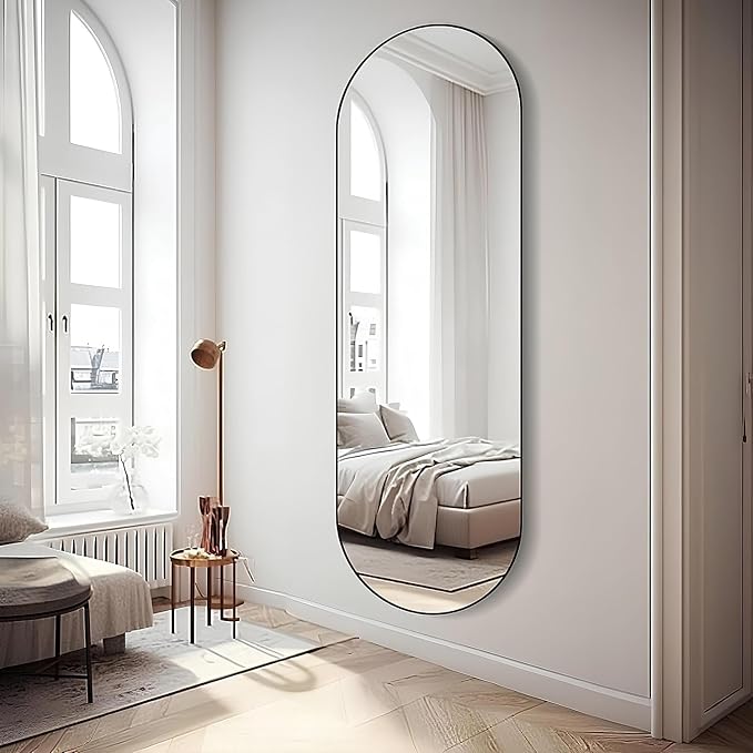 ZHUNFA Arched Full Length Floor Mirror, 65x 22 Oval Mirror with Metal Frame | Large Wall Mounted Arched-Top Body for Living Room, Bedroom, Bathroom, Entryway, Dressing Room, black