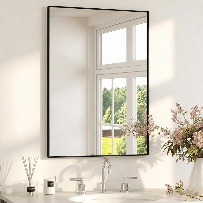 24" x36" Matte Black Wall Mirror for Bathroom, 36" x 24" Metal Framed Vanity Mirror, Modern Minimalist Rectangular Decor for Entryway, Vertical/Horizontal Hang