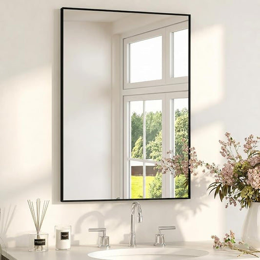 24" x36" Matte Black Wall Mirror for Bathroom, 36" x 24" Metal Framed Vanity Mirror, Modern Minimalist Rectangular Decor for Entryway, Vertical/Horizontal Hang