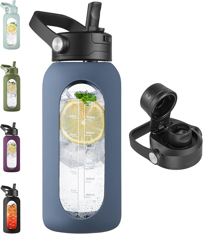 CIVAGO 32 oz Glass Water Bottle with Detachable Straw and Time Maker | Motivational Large Flask Cup with Handle, Leakproof Lids, Wide Mouth, Silicone Sleeve, Tumbler for Juice, Smog Blue