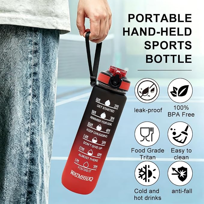 32oz Sports Water Bottle Outdoor, with Drinking Time and Capacity Labels, Sport Water Cups with Straw,BPA Free Leak Proof,for Fitness Gym Running Climbing (Black red)