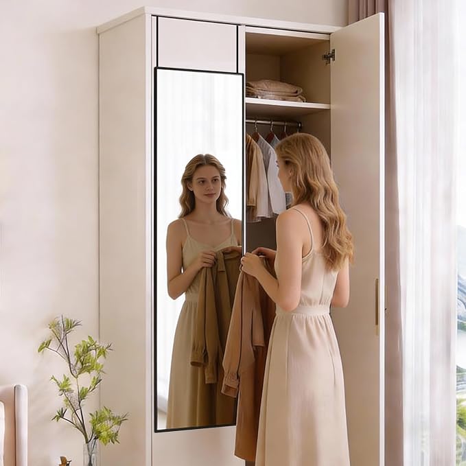 DUMOS 47"x14" Full Length Door Mirror, Full Body Mirror, Black | Aluminum Alloy Thin Frame, Leaning or Hanging, Suitable for Bedroom, Livingroom, Cloakroom