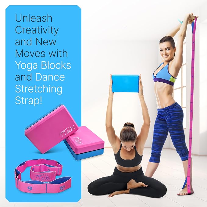 Yoga Blocks 2 Pack with Strap and Guide – Soft Non-Slip EVA Foam Blocks | High-Density Pilates Blocks for Home Workouts, Dance, Ballet, Gymnastics & Stretching Exercise, Dance Accessories and Gifts