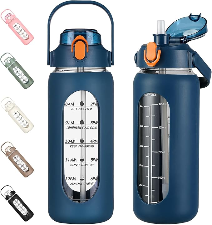 56oz Glass Water Bottles with Straw, Motivational Glass Bottle with Silicone Sleeve and Time Marker, Leakproof Large Glass Water Jug for Gym Home Office,Blue