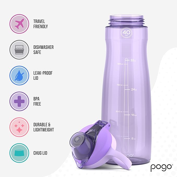 Pogo 40oz Plastic Water Bottle with Chug Lid and Carry Loop, Lilac | Leakproof water bottle with chug lid and carry handle. BPA-free, great for travel, school, outdoors, and gym.