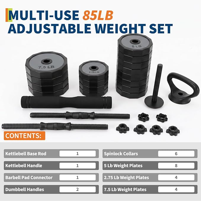 Garvee Adjustable Dumbbells Set 45/65/85 Lbs, 3 In 1 Weight Dumbbell Set | Adjustable Free Weights Set Used As Kettlebells, Barbells, Dumbbells with Barbell Connector & Kettlebell for Home Gym