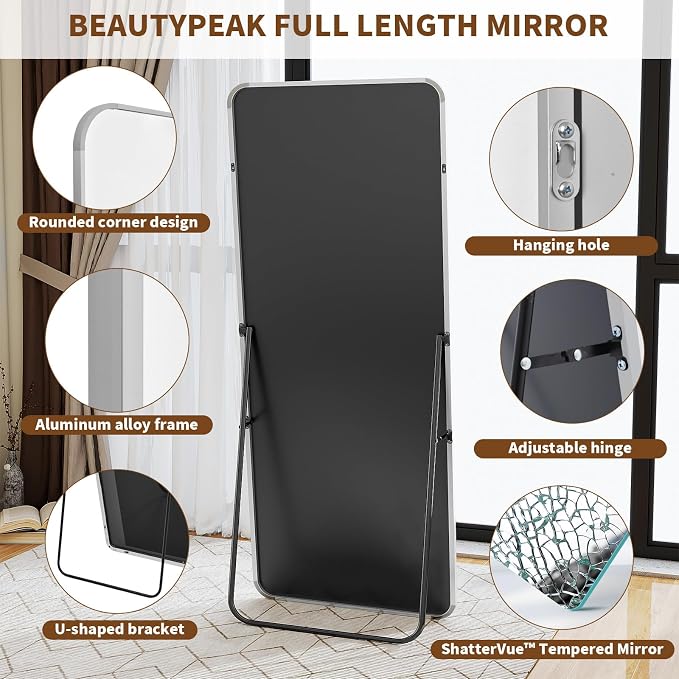 BEAUTYPEAK 56" x 21" Rounded Corner Full Length Mirror with Stand, Silver | Aluminum Alloy Frame with Standing, Leaning, or Wall-Mounted, Ideal for Bedroom, Dressing Room, Entryway, and Living Room