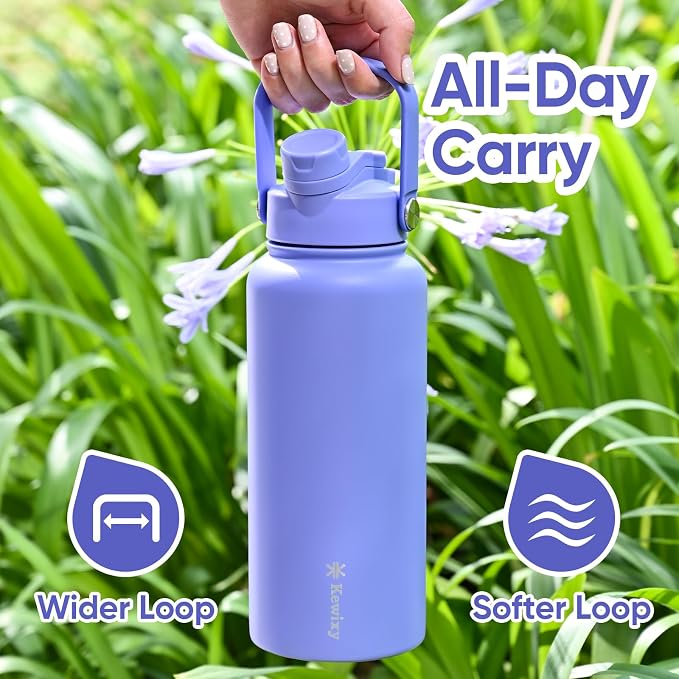 KEWIXY 32 oz Insulated Water Bottle, 2-in-1 Lid, Straw & Spout with Protected, Leak Proof, Keep Cold, Stainless Steel, Metal, Reusable, Handle, for Outdoor, Gym and School, 2 Lids, Aurora Blue