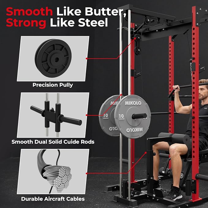Mikolo F4 2.0 Power Cage with Dual-Track Smooth Pulley System, 1200LBS Power Rack with Leg Hold-Down for Heavy LAT Pulldowns