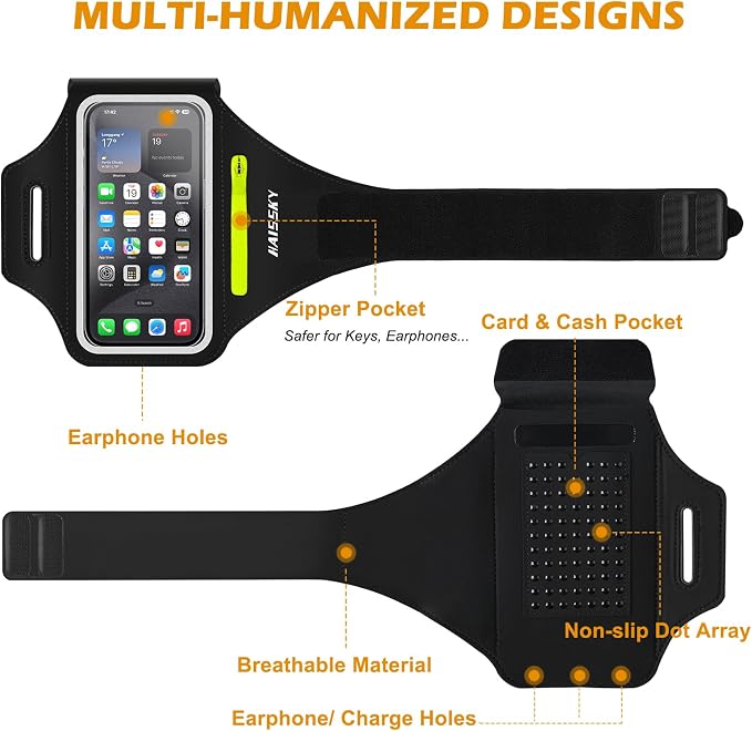 Running Armband with Earphone Bag Cell Phone Armband for iPhone 16 15 Pro 14 Plus 13 11 XR XS, Galaxy S24/S10 Water Resistant Sports Phone Holder Case & Zipper Slot Car Key Holder for 6.9 inch Phone | Cell Phone Armband for iPhone, Water Resistant & Br...