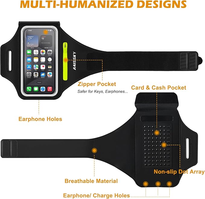 Running Armband with Earphone Bag Cell Phone Armband for iPhone 16 15 Pro 14 Plus 13 11 XR XS, Galaxy S24/S10 Water Resistant Sports Phone Holder Case & Zipper Slot Car Key Holder for 6.9 inch Phone | Cell Phone Armband for iPhone, Water Resistant & Br...