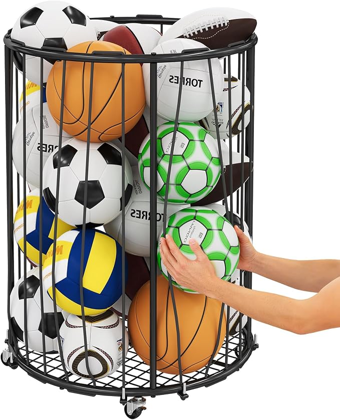 Hencawima Garage Ball Storage: Round Sports Equipment Organizer with Wheels, Sports Ball Rack With Elastic Rope, Ball Holder for Basketball, Soccer, Volleyball, Football, Garage, Gym, Outdoor (Black)