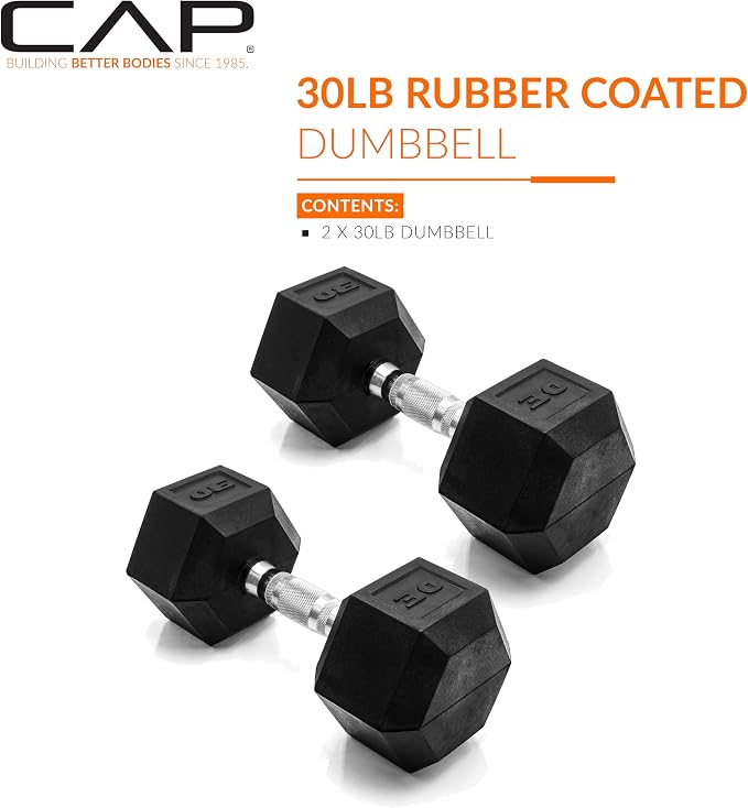CAP Rubber Coated Dumbbell Weights, Free Weights for Home Gym Strength Training, Anti-Roll Hex Dumbbells with Black, Chrome & Comfort Grip Handles, Pairs & Sets