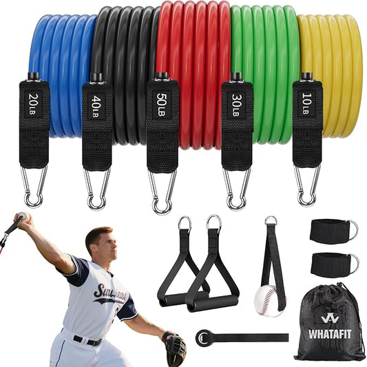 WHATAFIT Resistance Bands with Handles, 5-Level Exercise Bands for Workout | Natural latex,10-50 lbs, stackable to 150,Ankle Straps, Door Anchor,Guide. For Strength, Yoga,Home Gym,Travel & Workout.