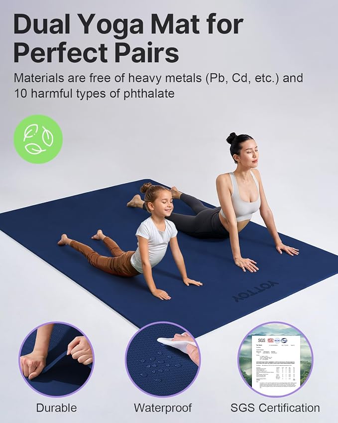 YOTTOY Large Yoga Mat (75 * 52 * 1/2inch),Extra Wide TPE Exercise Mat,Non-Slip Workout Mat for Pilates, Fitness, Barefoot, Home Gym Studio with Strap and Towel