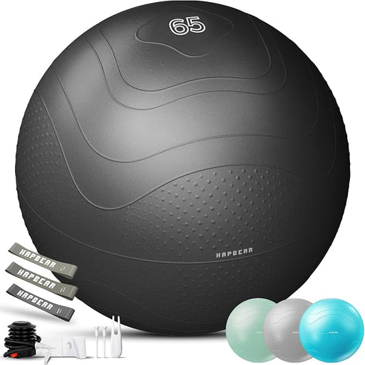 HAPBEAR Exercise Ball- Anti-Burst Slip-Resistant Yoga/Pilates Ball for Core Training & Posture Improvement, Home Gym/Rehab/Pregnancy Ball, Quick Pump & 3 Resistance Bands Included