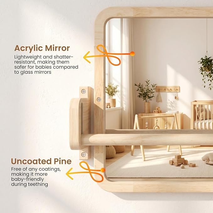 Woodtoe Montessori Mirror with Bar, Adjustable Baby Pull to Stand Toys 6M+ | Natural Solid Wood Frame & Baby Pull Up Bar, Infant Coordination Toddler Mirror, Developmental Toys for Baby 6-18 Months