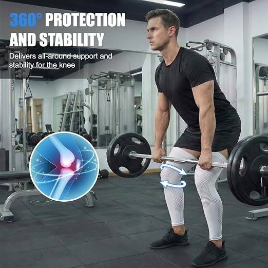 Full Leg Compression Sleeves for Men and Women,2 Pack Legs Sleeves Long Knee Brace Support for Running, Basketball, Cycling, Workout, Sports - White,L
