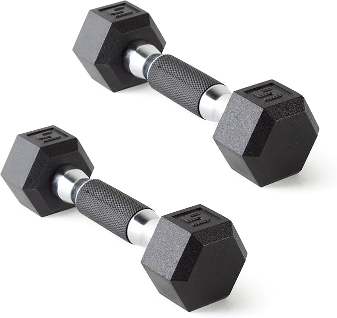 CAP Rubber Coated Dumbbell Weights, Free Weights for Home Gym Strength Training, Anti-Roll Hex Dumbbells with Black, Chrome & Comfort Grip Handles, Pairs & Sets