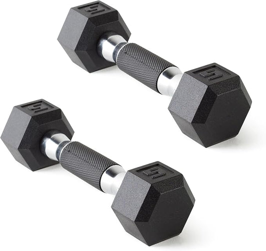 CAP Rubber Coated Dumbbell Weights, Free Weights for Home Gym Strength Training, Anti-Roll Hex Dumbbells with Black, Chrome & Comfort Grip Handles, Pairs & Sets