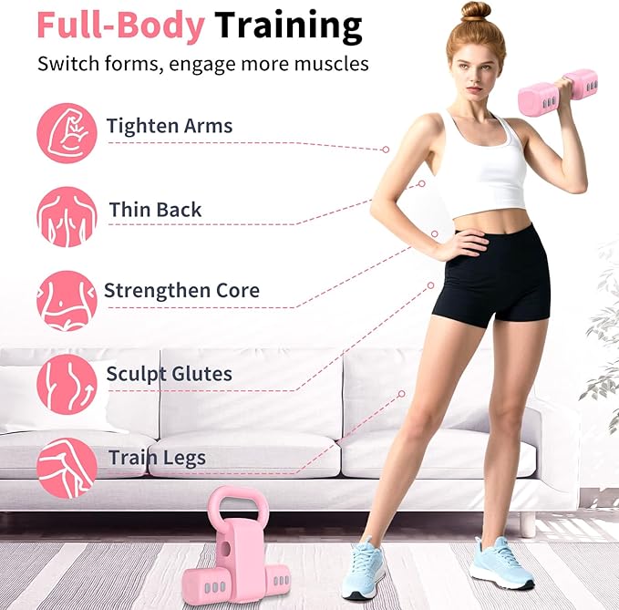 Hezeyferg Adjustable Dumbbell Set, 2-in-1 Hand Weights with Kettlebell Form | 4-Level 2.2-5.5lb Each, Dual-Button Locking, for Women Men Beginners Home Gym, Portable & Space-Efficient, Full Body Workout